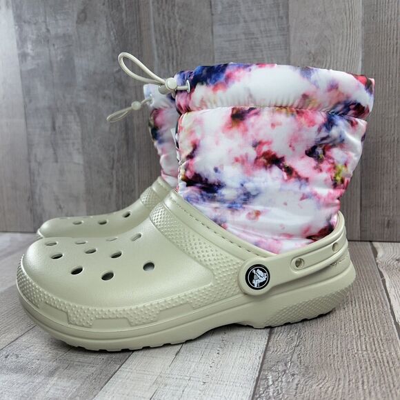 Crocs Classic Lined Neo Puff Tie Dye Boot Pull On Women's Size 6 Bone Beige Pink - Picture 1 of 13